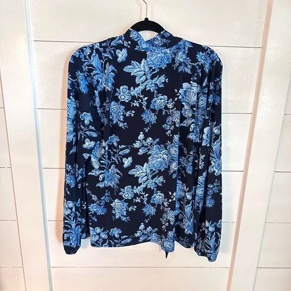 JASON WU L Jersey knit tie navy floral stretch shabby chic business casual top - Picture 3 of 12